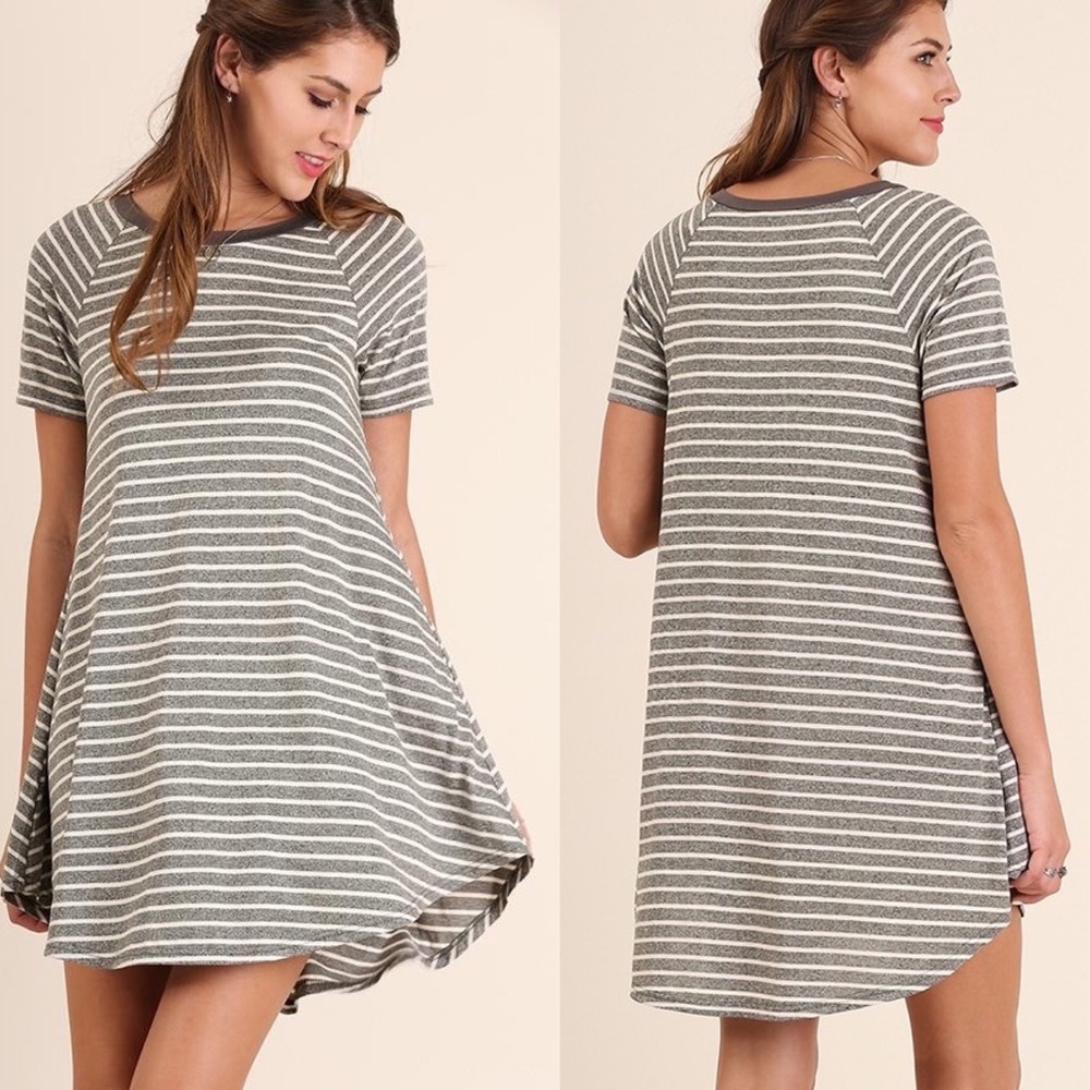 Gray Striped T-Shirt Dress with Pockets - Picture 2 of 3